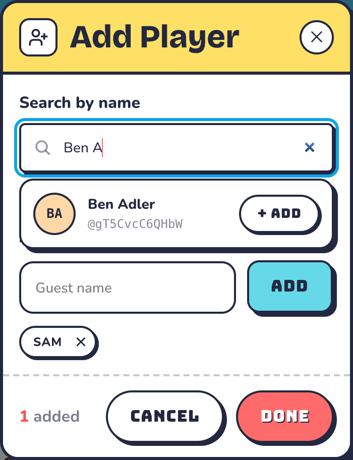 The Add Player panel with name search and the guest field