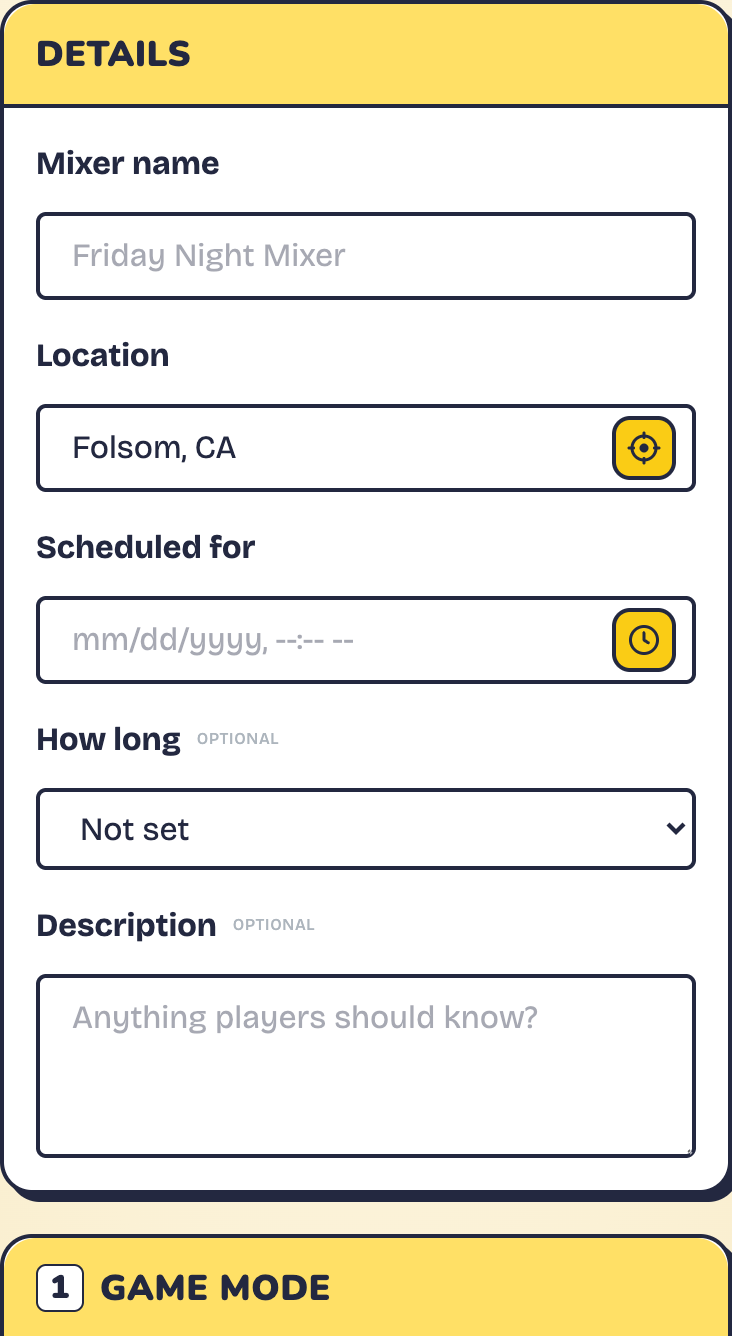 Step 2 of mixer setup with the Details card and the Game Mode card