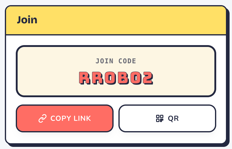 The lobby's Join panel with the join code, Copy link and QR buttons
