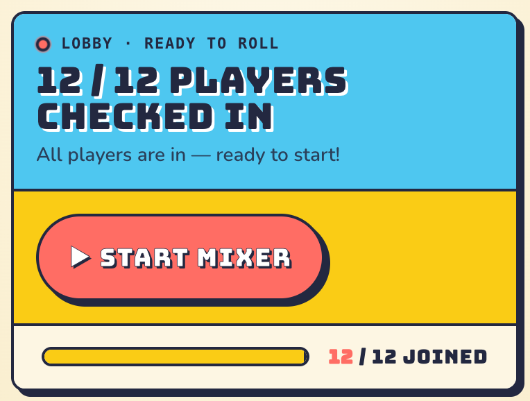 The lobby with the player count and the Start Mixer button