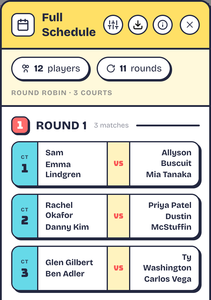 The Full Schedule listing each round's matchups by court